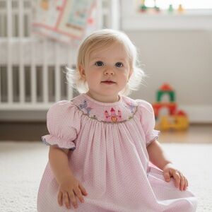 Pink Hand-Smocked Baby Dress with Princess Castle Motif 12M